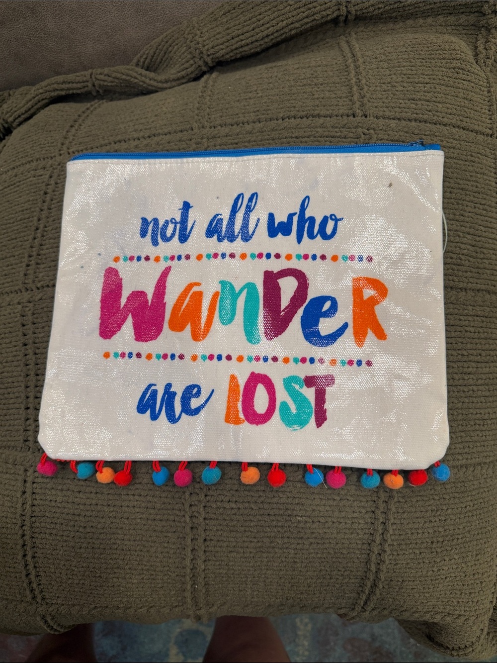 White Glitter Travel Pouch - 'Not All Who Wander Are Lost'